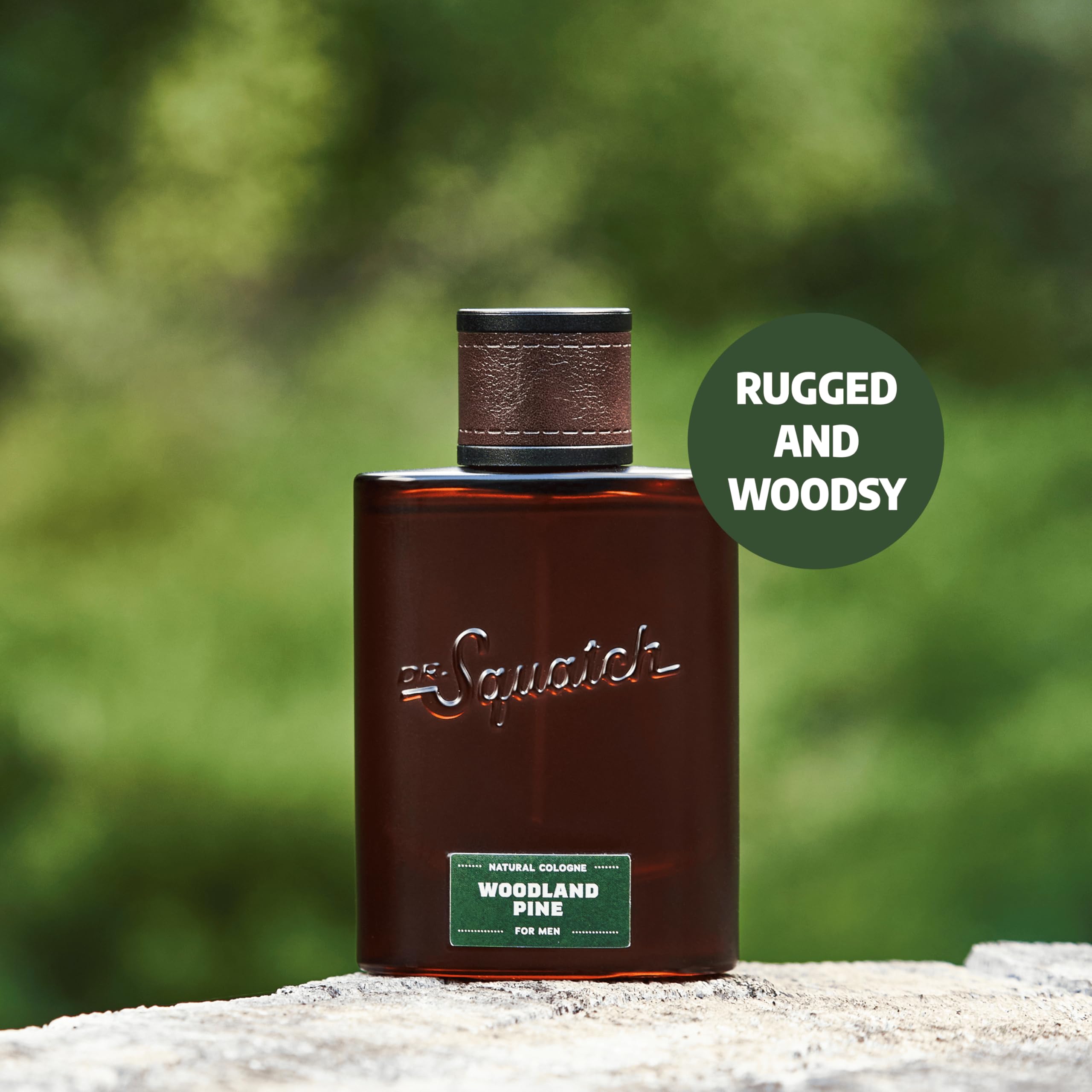 Dr. Squatch Woodland Pine cedarwood essence highlights natural ingredients.