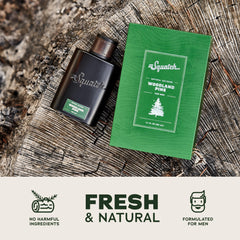 Dr. Squatch Woodland Pine packaging with wood-grain design, outdoorsy appeal.