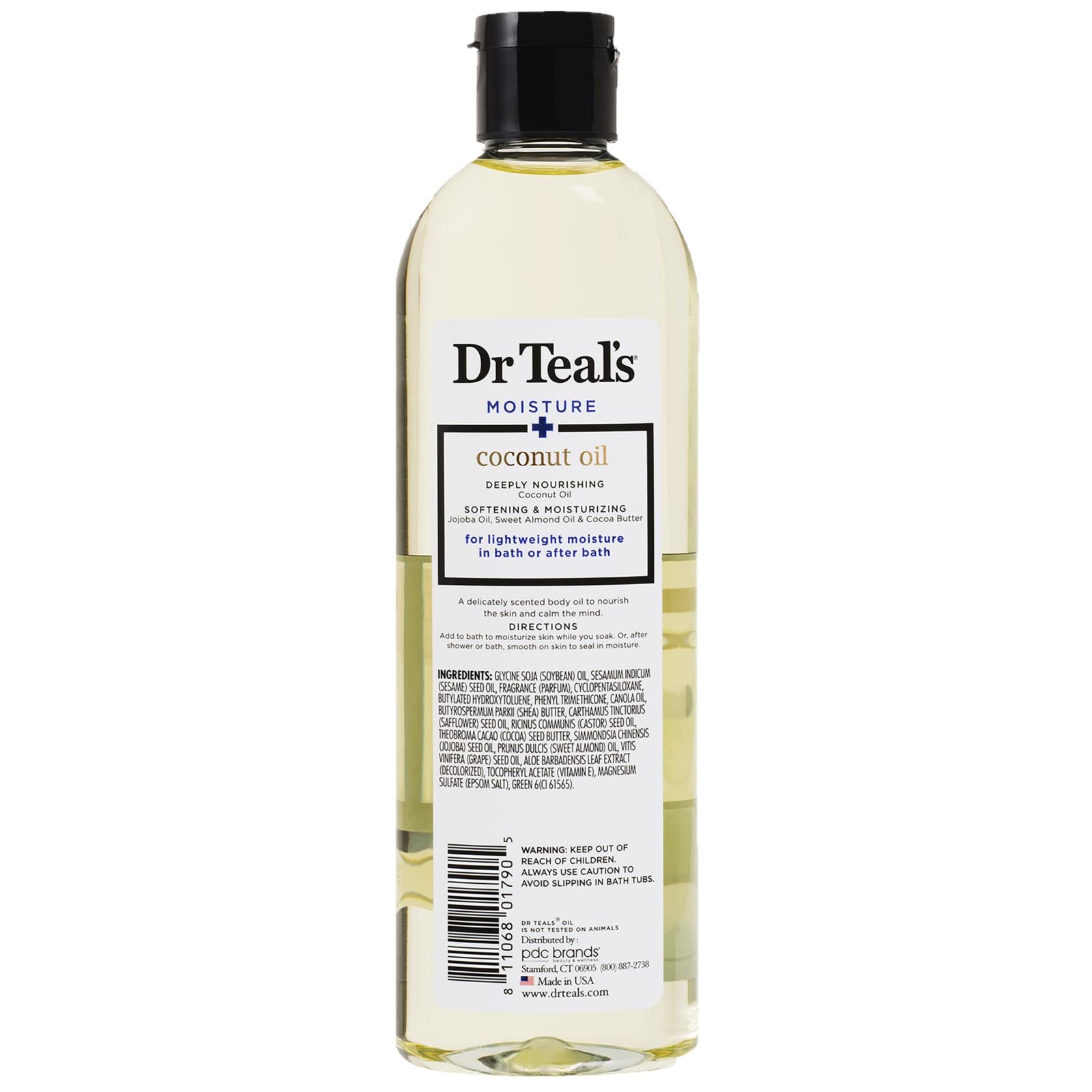 Coconut oil bottle demonstrates hydration without greasiness on skin.