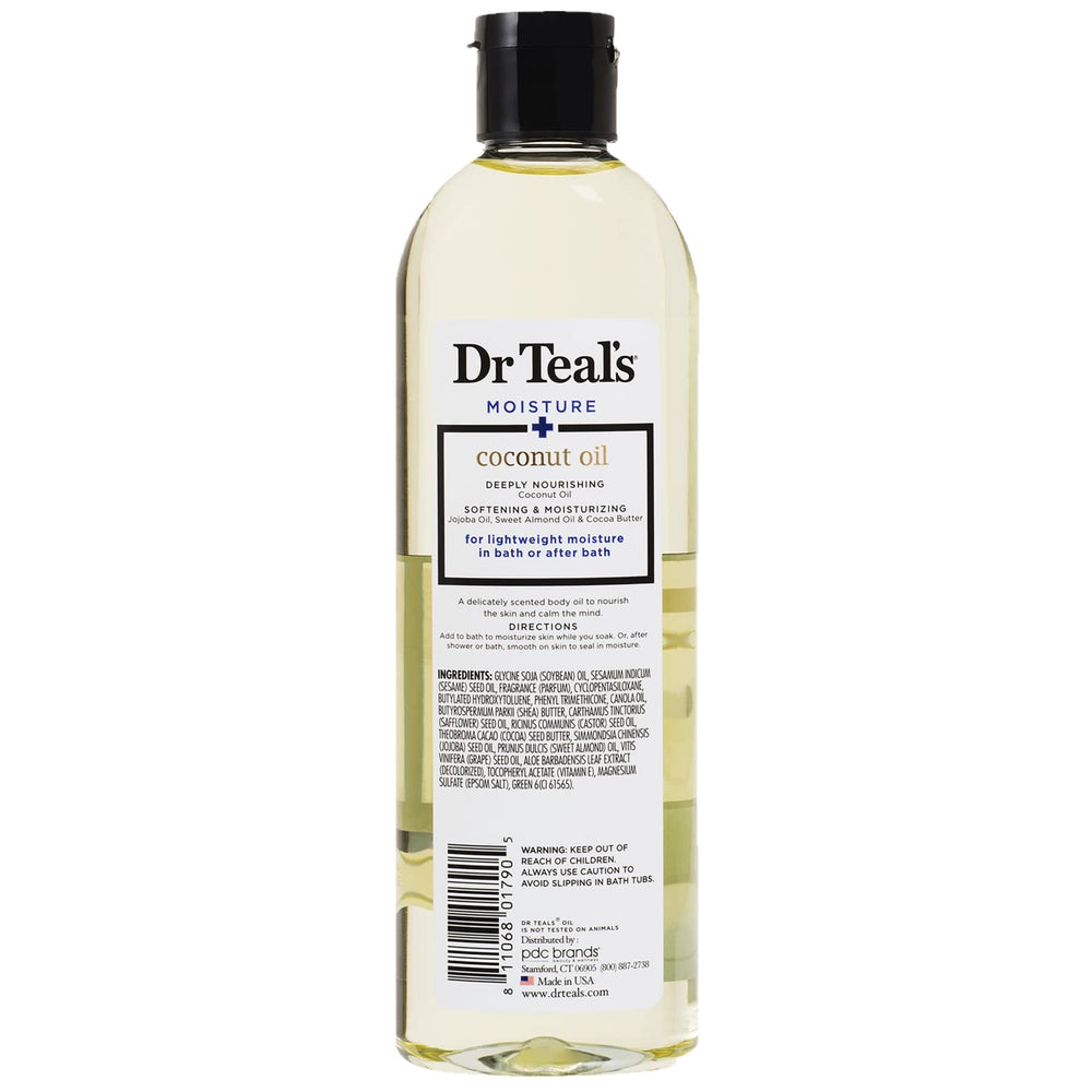 Coconut oil bottle demonstrates hydration without greasiness on skin.