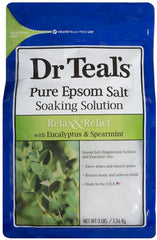 Dr Teal's bath soak being poured into a warm bath demonstrates quick regimen.