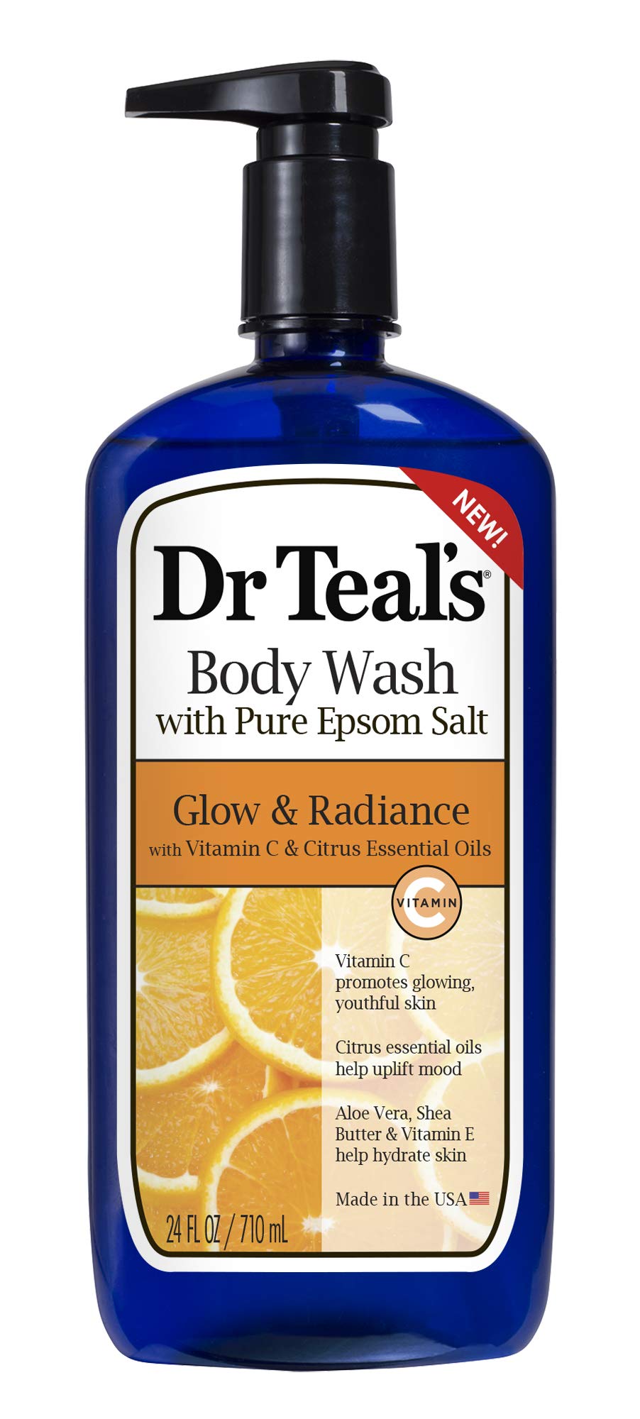 Dr Teal's Body Wash bottle with Pure Epsom Salt supports muscle relief and skin hydration.