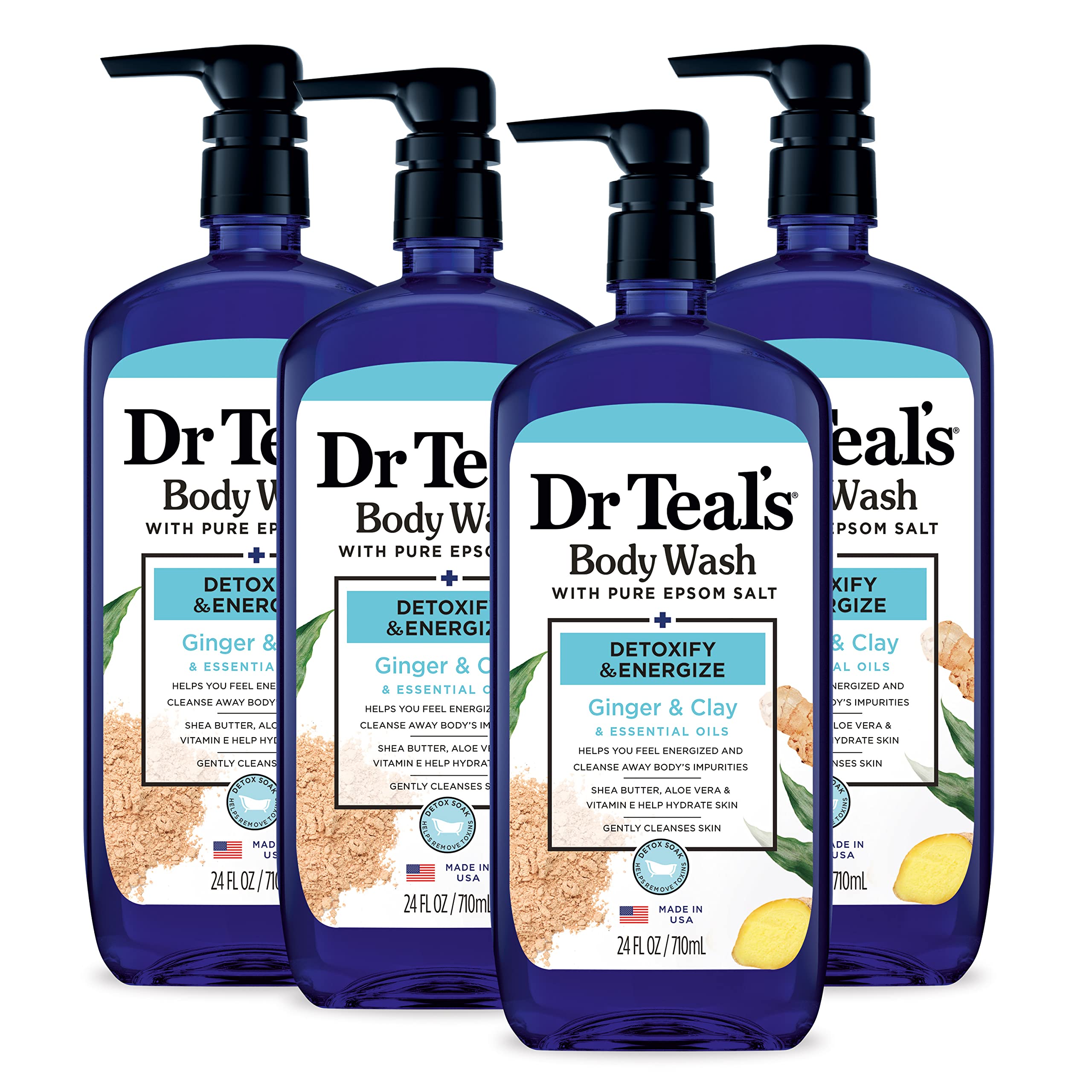 Dr Teal's body wash bottle with pure Epsom salt for refreshed skin.