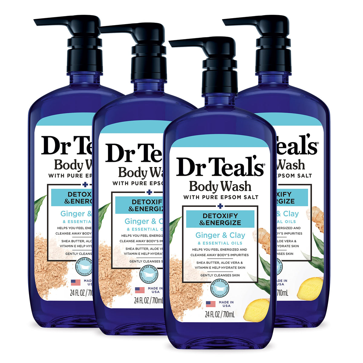 Dr Teal's body wash bottle with pure Epsom salt for refreshed skin.