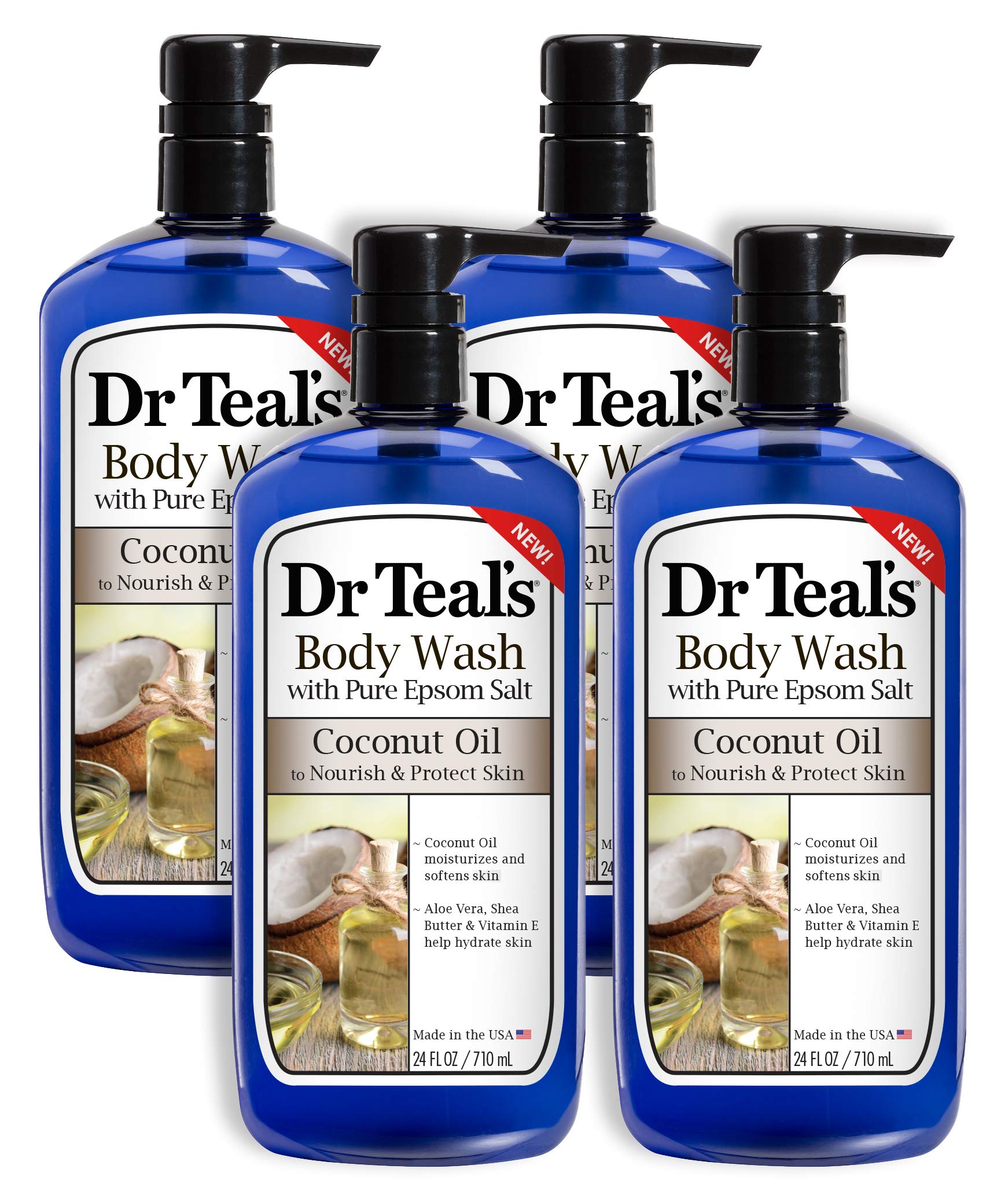 Dr Teal's Coconut Oil Body Wash four-pack bottle nourishes skin and soothes senses.