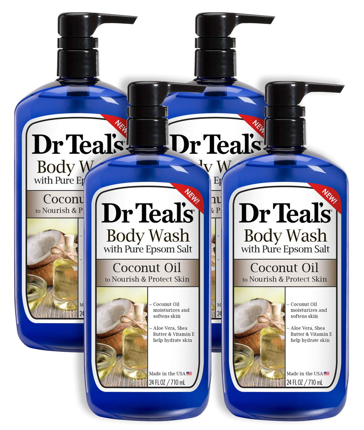 Dr Teal's Coconut Oil Body Wash four-pack bottle nourishes skin and soothes senses.