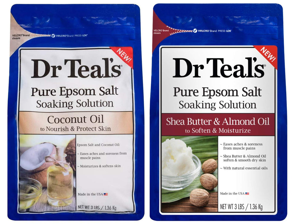 Dr Teal's Coconut Oil Epsom Salt bottle emphasizes skin nourishment and a calming soak.