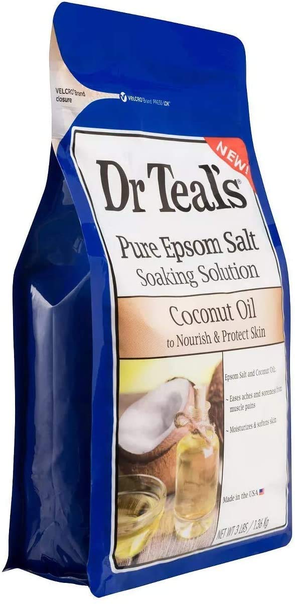 Dr Teal's Coconut Oil Epsom Salt packaging highlights spa-inspired skincare benefits.