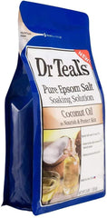 Dr Teal's Coconut Oil Epsom Salt packaging highlights spa-inspired skincare benefits.