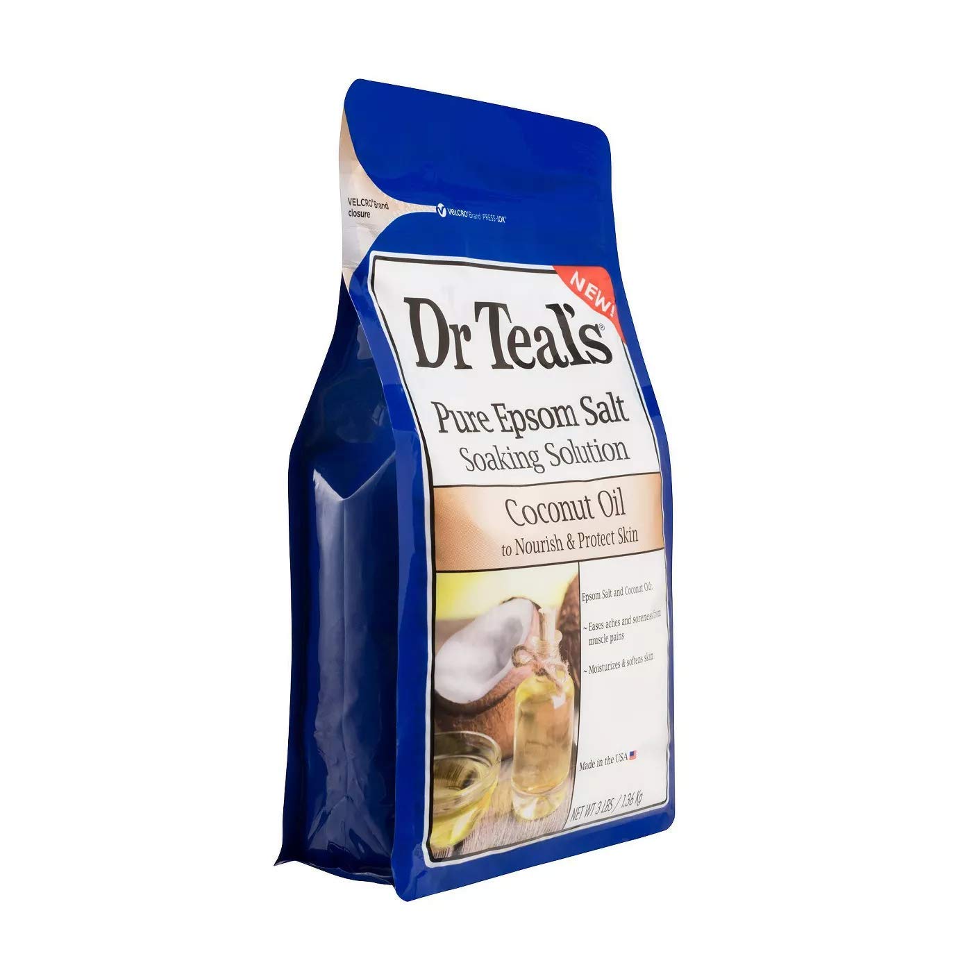 Dr Teal's Coconut Oil Soaking Solution bags close-up showing rich Epsom salt blend.