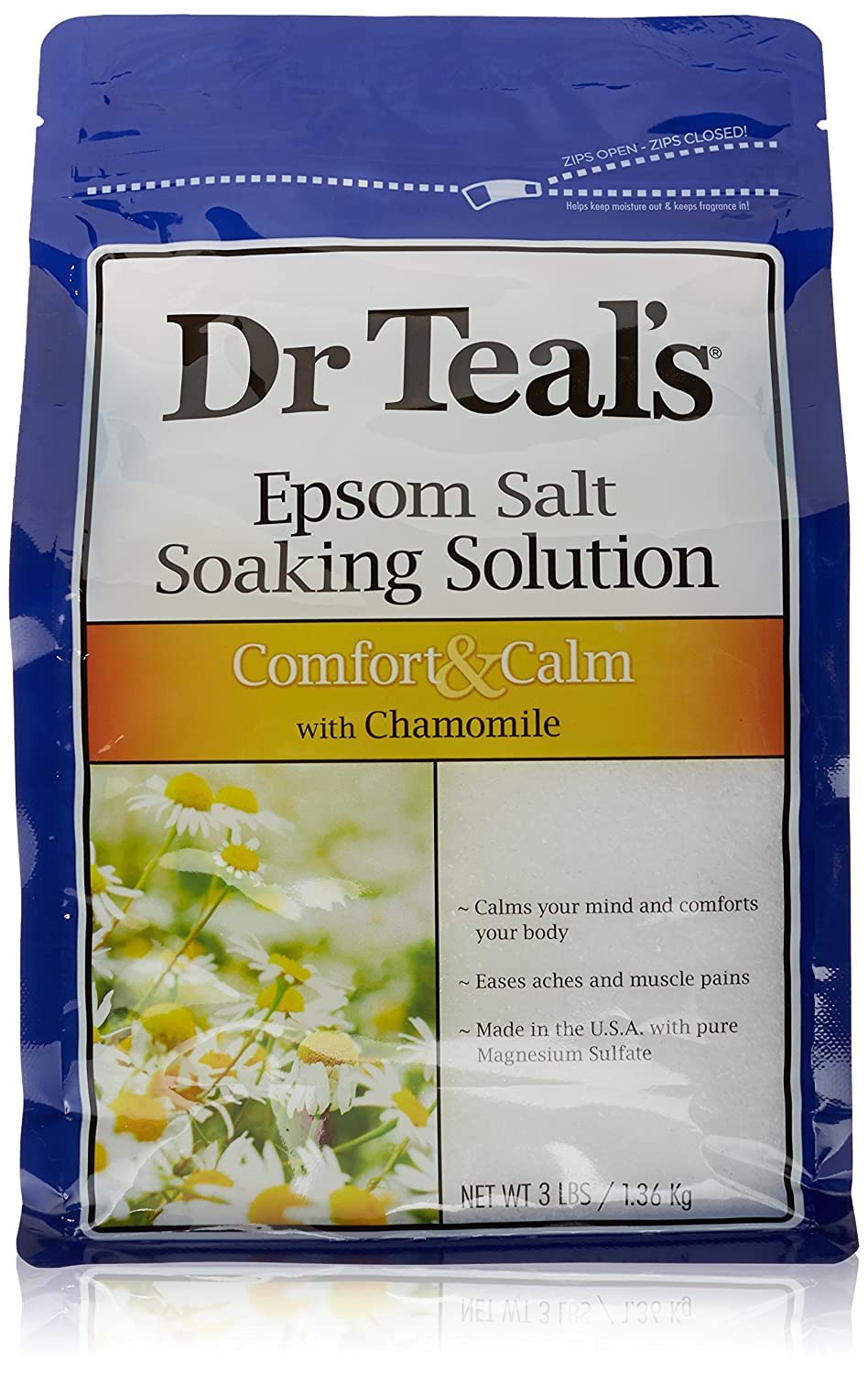 Pouring Dr Teal's Comfort Calm bath soak to ease muscle tension and relax.