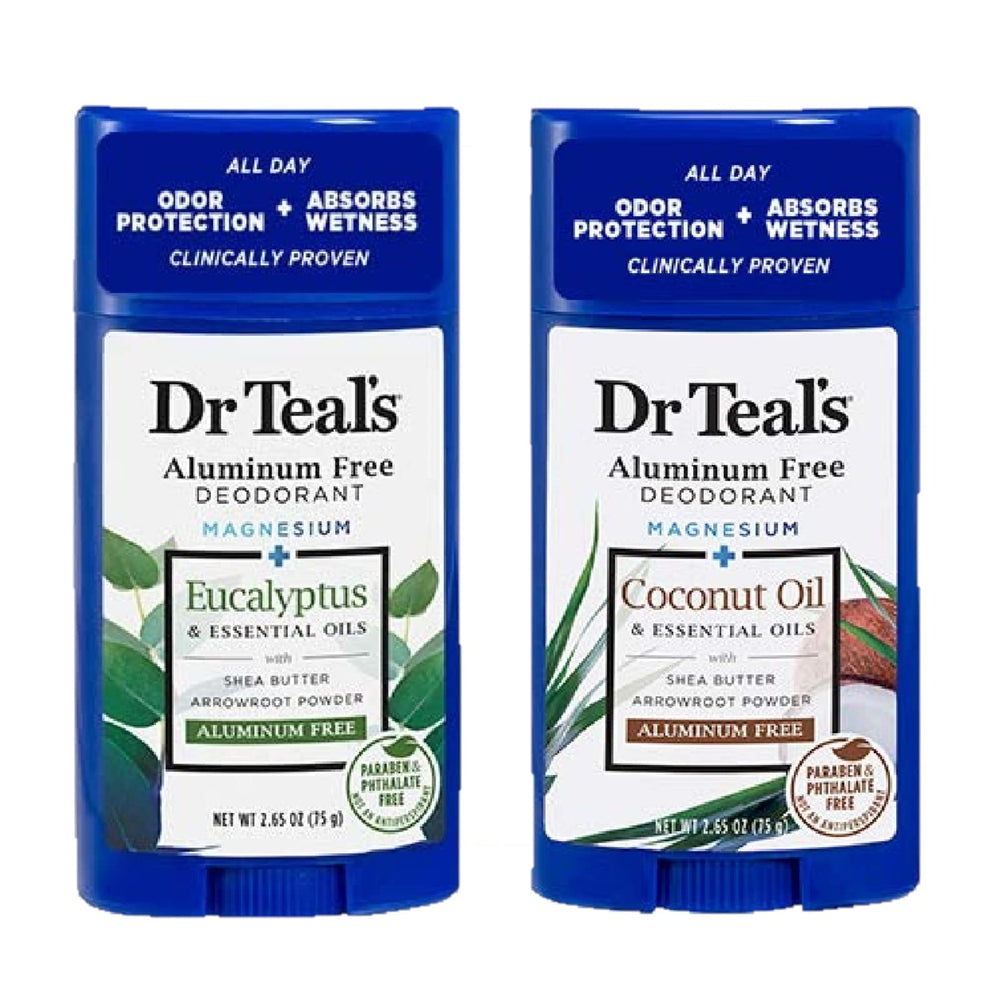 Dr Teal's eucalyptus deodorant bottle with refreshing scent and moisture absorption.