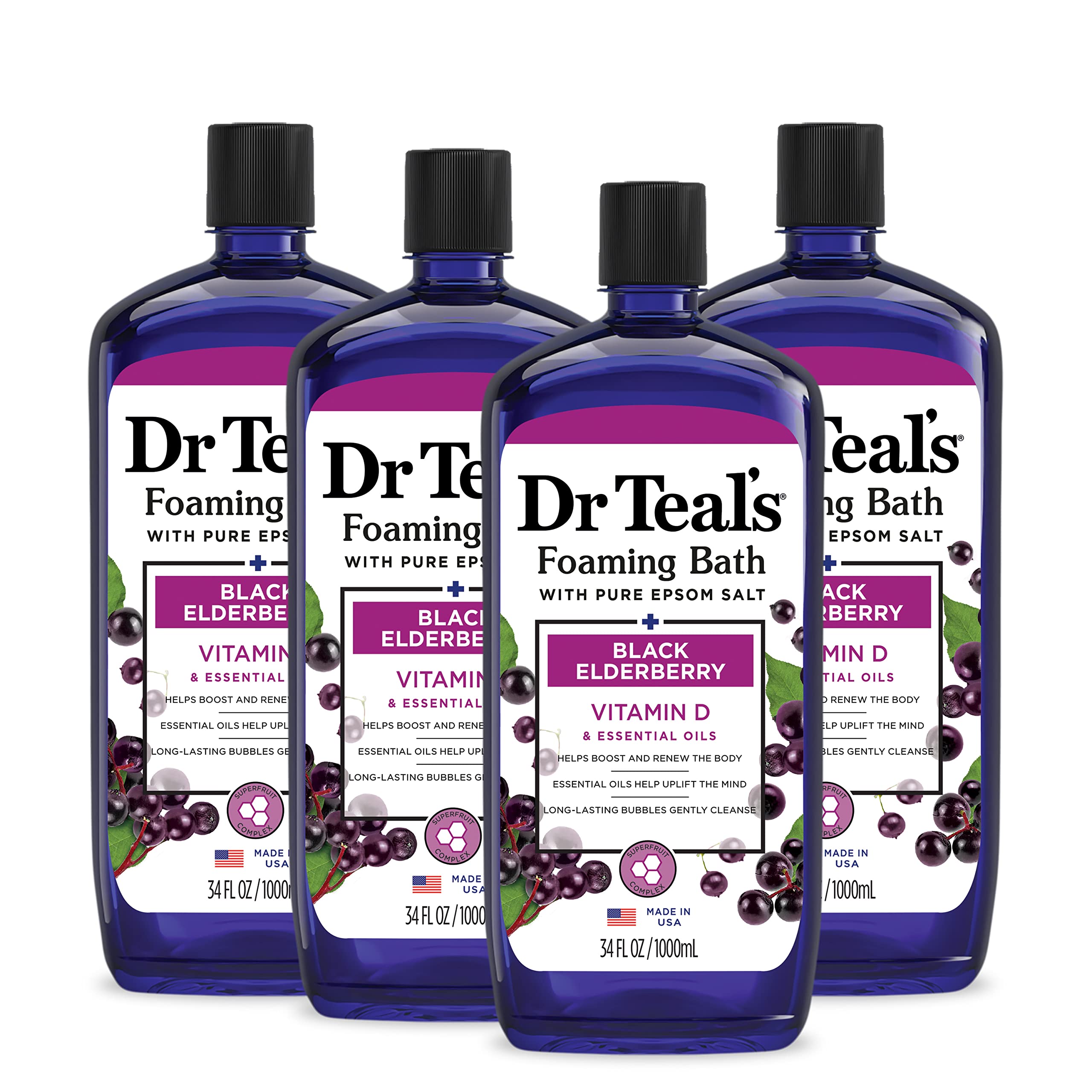 Dr Teal's Elderberry foaming bath bottle with rich bubbles for relaxation