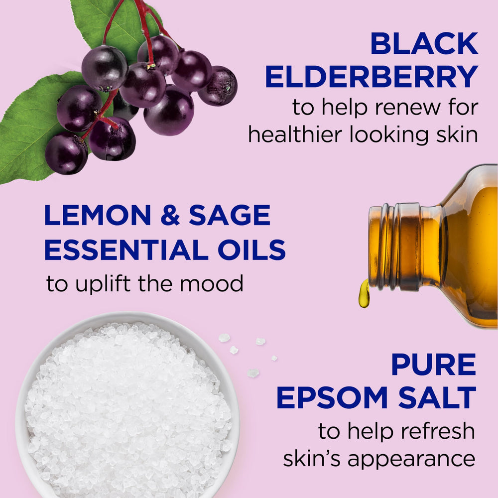 Dr Teal's Elderberry foaming bath bubbles close-up highlighting aroma
