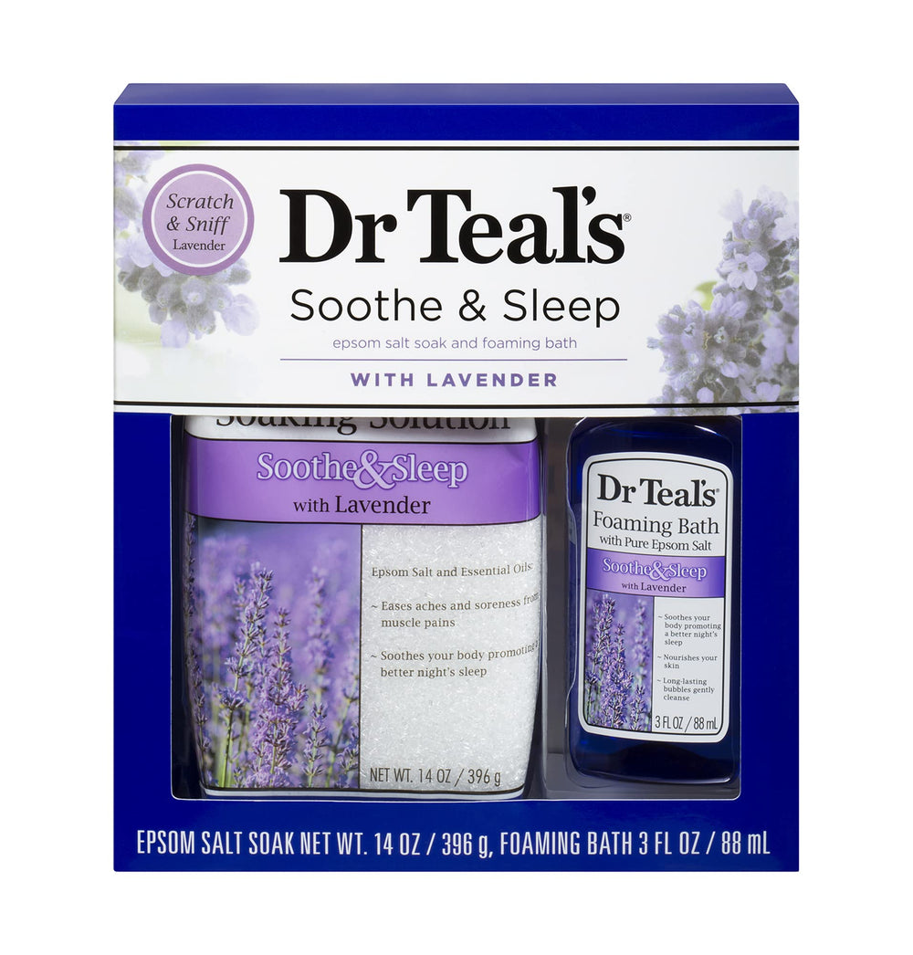Dr Teal's lavender Epsom salt bag ready for a relaxing bath and muscle comfort.
