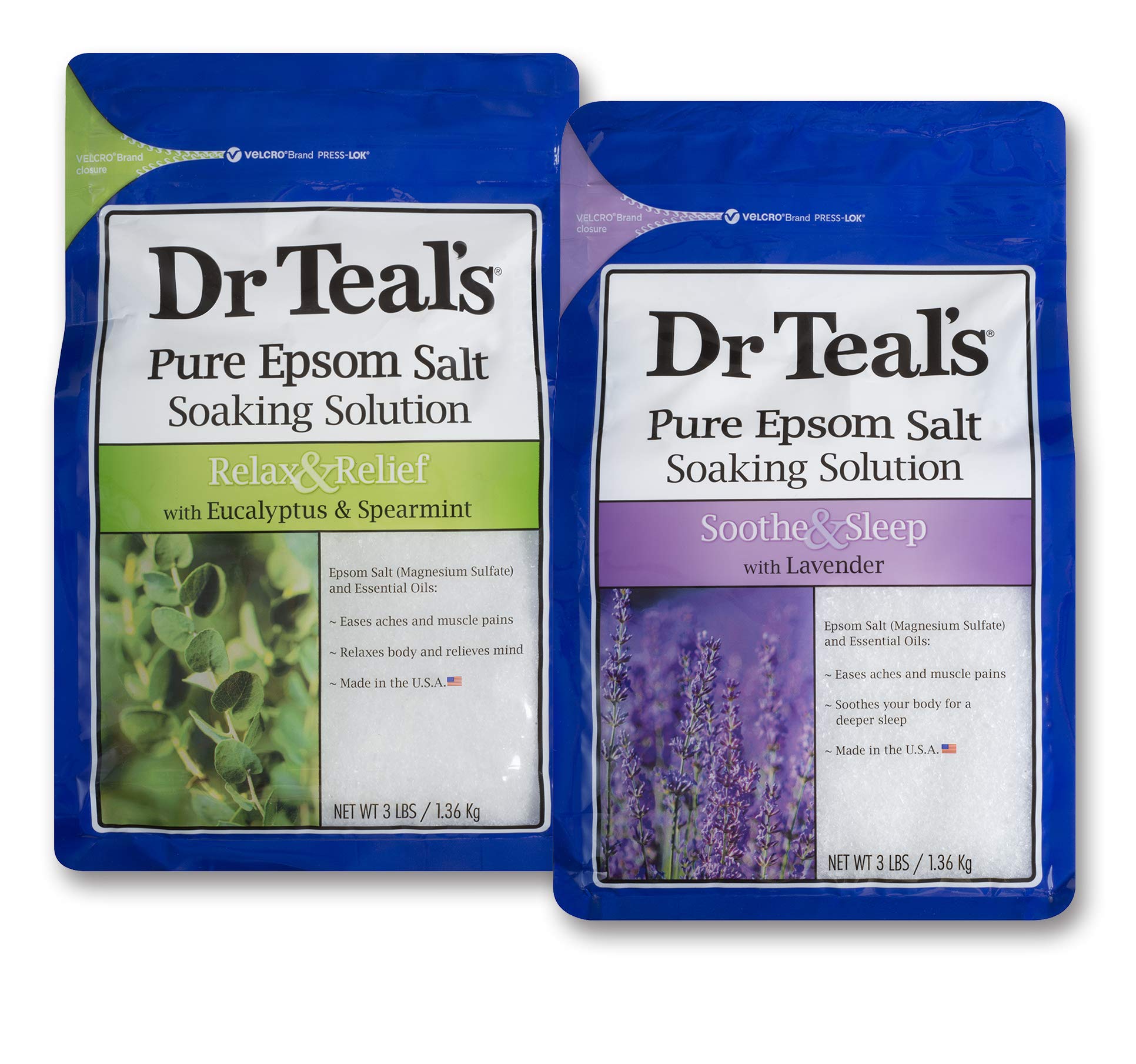 Dr Teal's Relax & Relief eucalyptus spearmint 3lb bag front for soothing tired muscles.