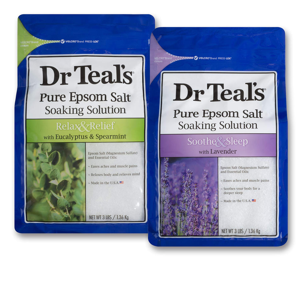 Dr Teal's Relax & Relief eucalyptus spearmint 3lb bag front for soothing tired muscles.