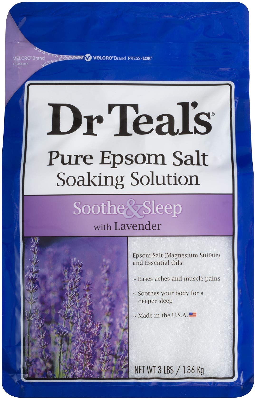 Dr Teal's Sooth & Sleep lavender 3lb bag front promotes restful evening soak.