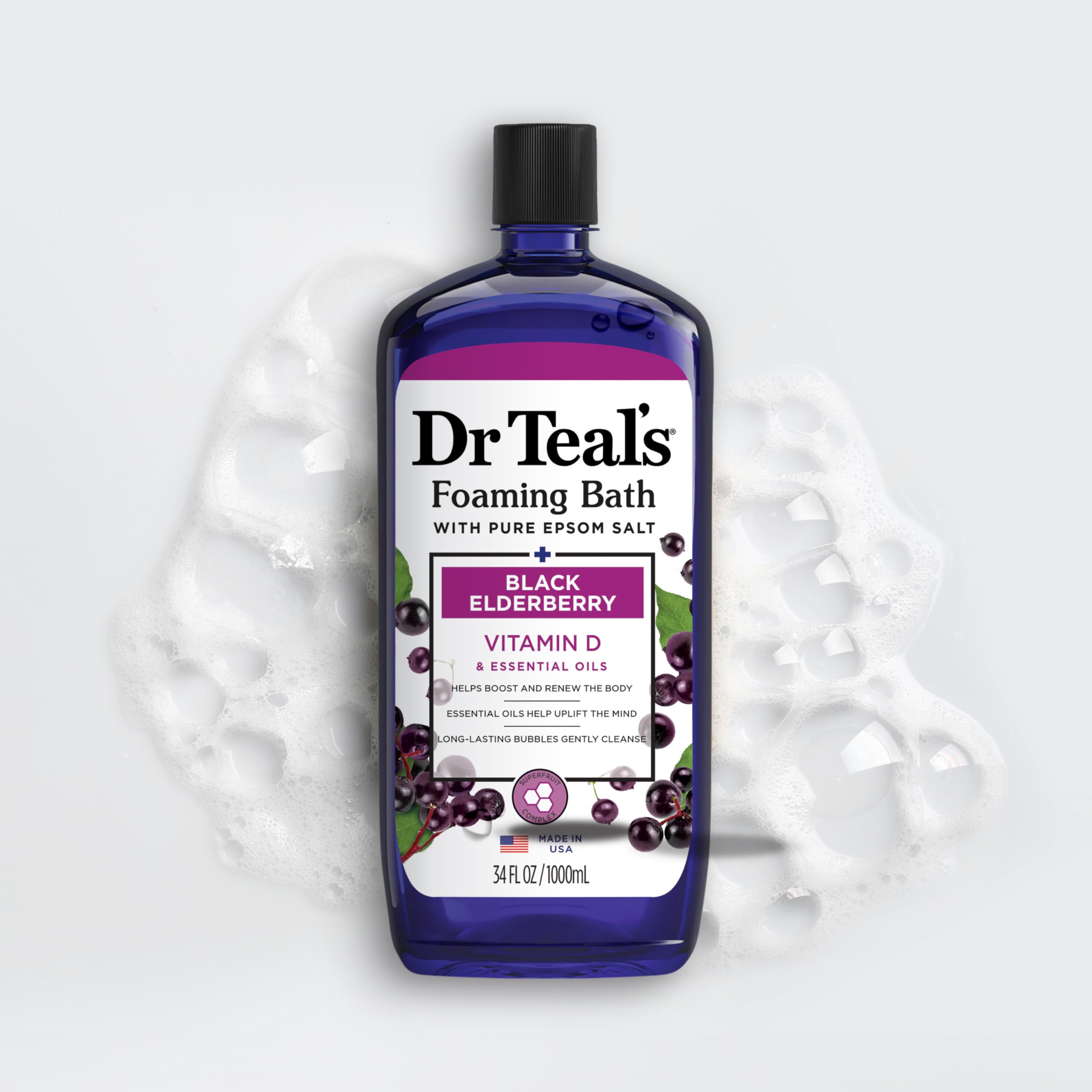 Dr Teal's essential oil blend visible for a calming bath experience