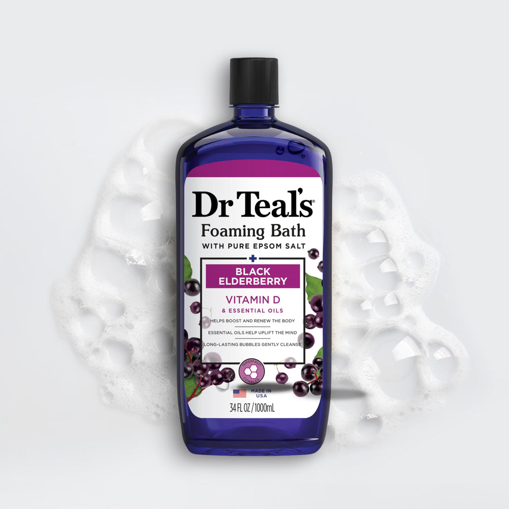 Dr Teal's essential oil blend visible for a calming bath experience