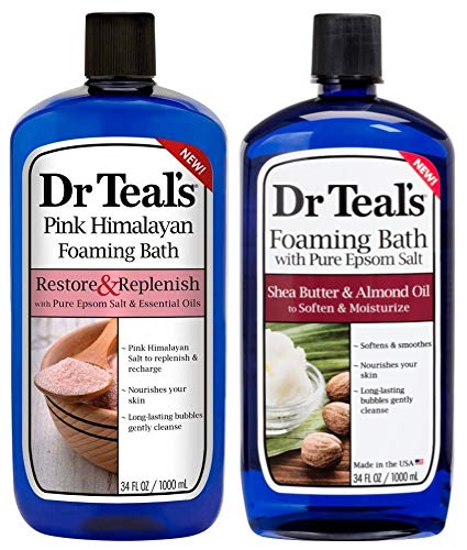Dr Teal's Pink Himalayan foaming bath bottle for mineral-rich relaxation and spa-like soak.