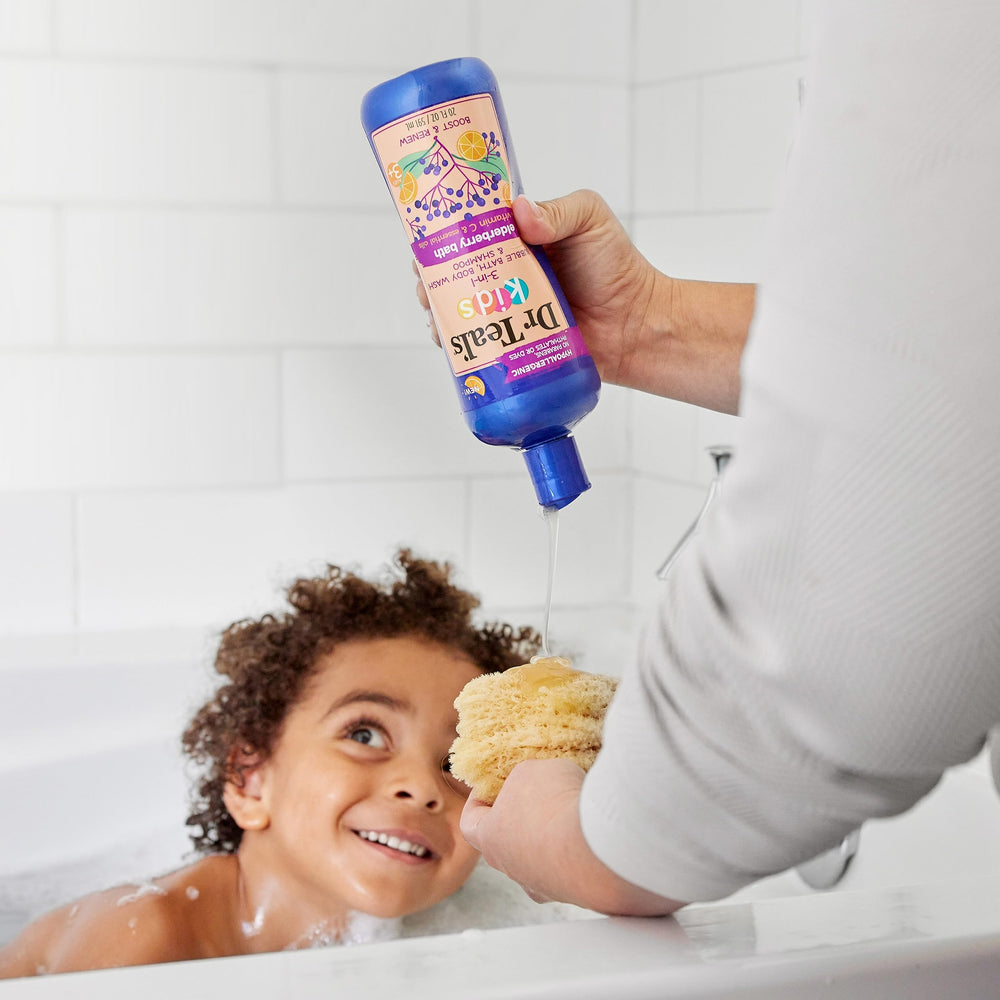 Dr Teal's Kids 3-in-1 Elderberry Bath bathroom scene on sink