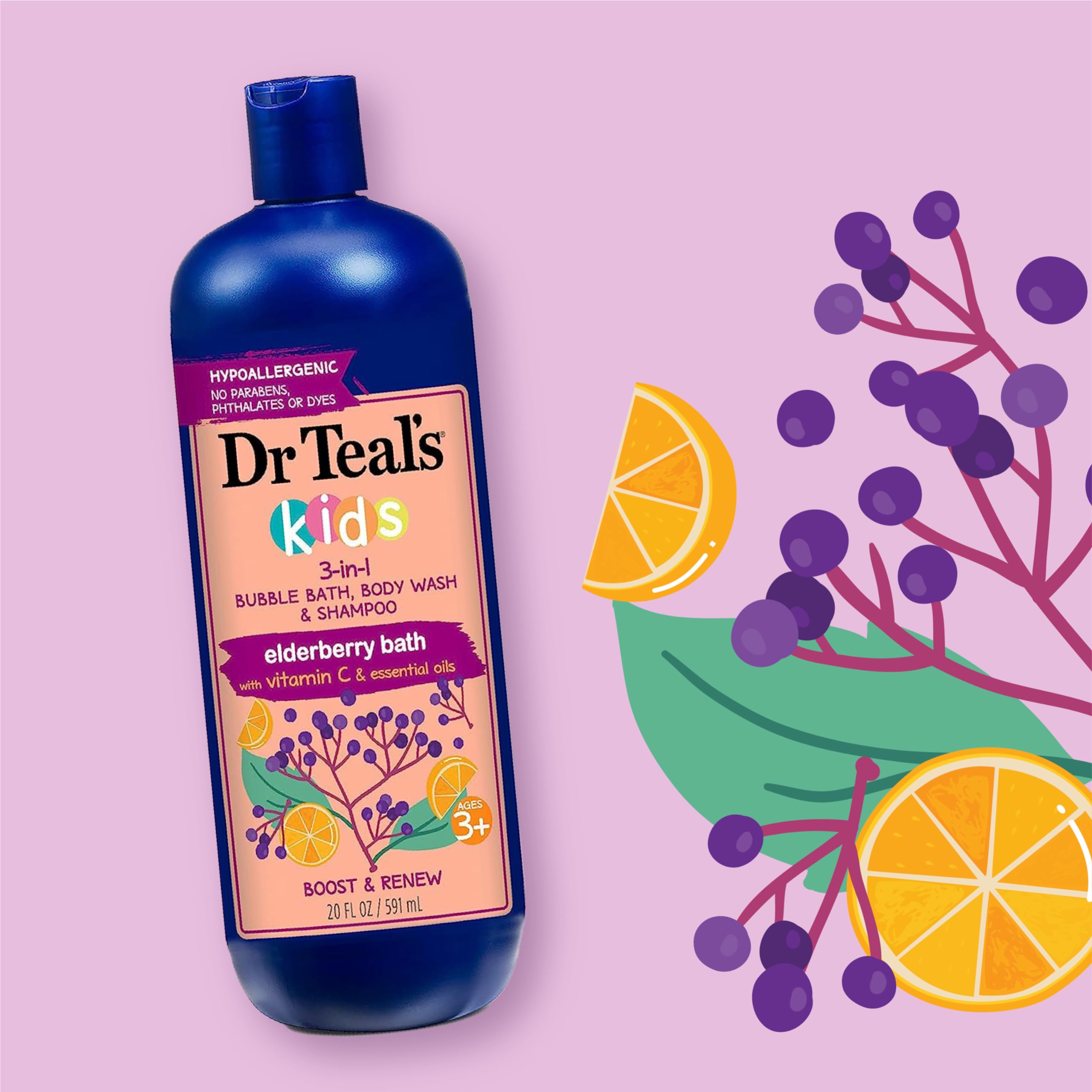 Dr Teal's Kids 3-in-1 Elderberry Bath bottle close-up showing ingredients
