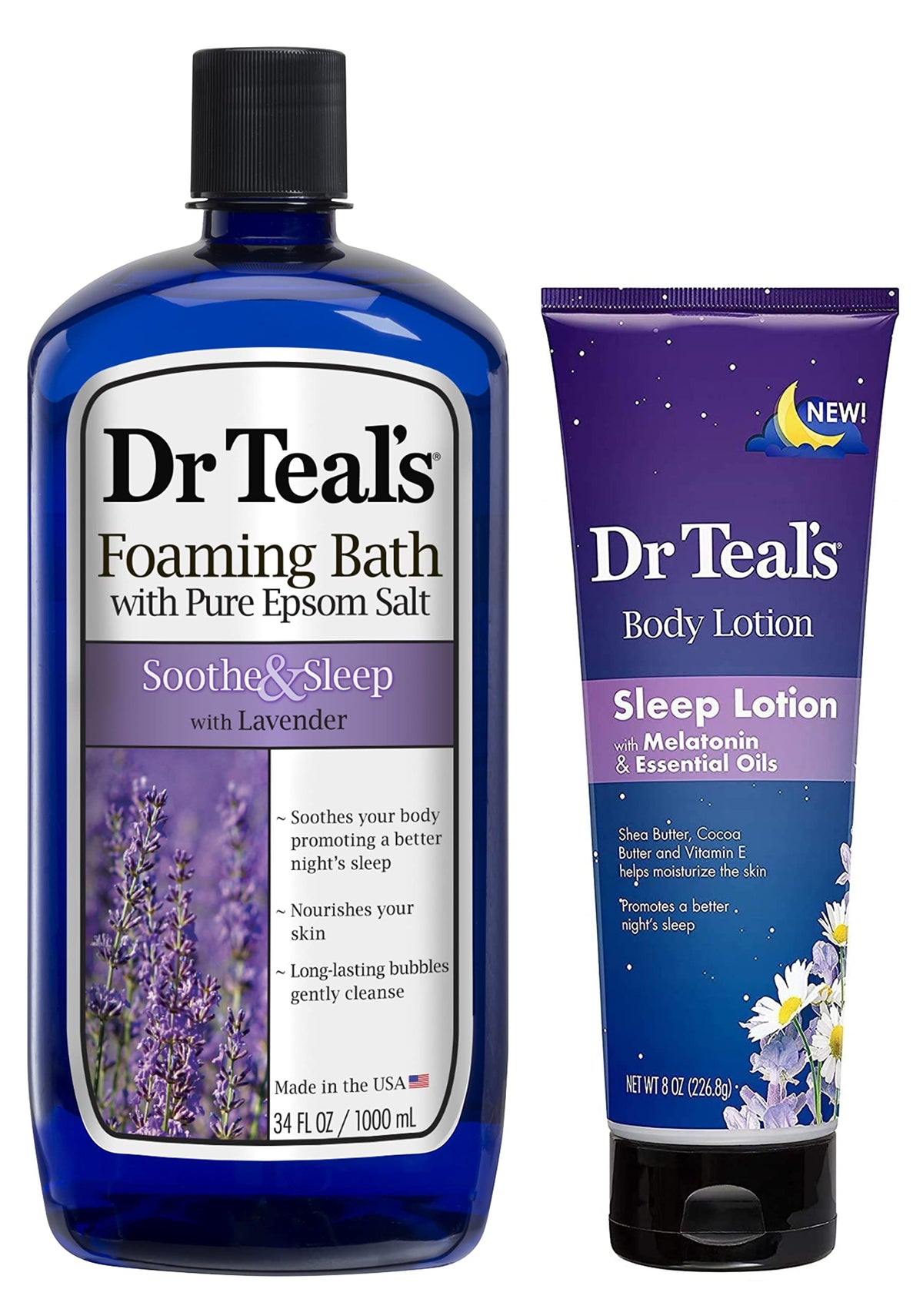 Dr Teal's Lavender Foaming Bath bottle with calming aroma for a peaceful soak.