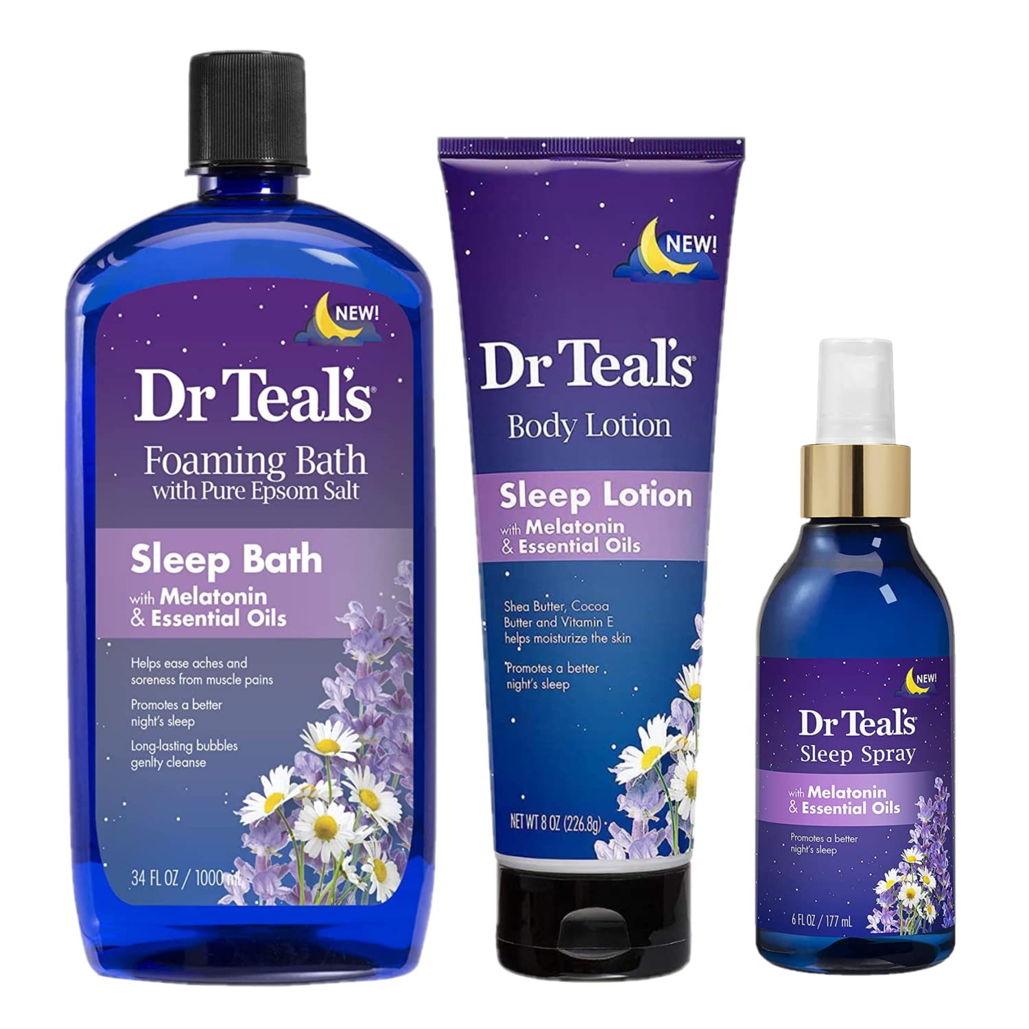 Dr Teal's Melatonin Sleep Bath with lavender bubble bath for stress relief and calm evenings.