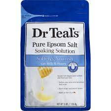 Dr Teal's Milk and Honey soaking salt bag showcases soothing ingredients for softer skin.