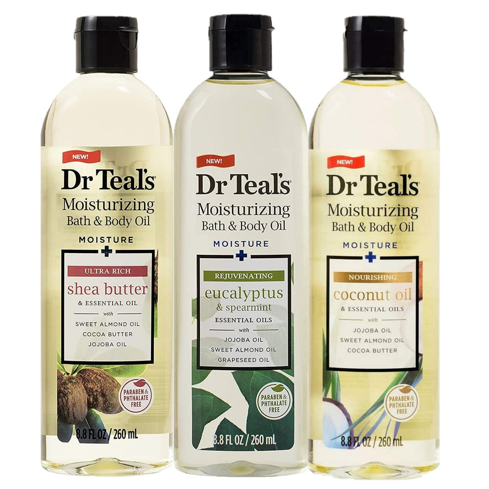 Dr Teal's rejuvenating eucalyptus bath oil bottle with a hydrating sheen.
