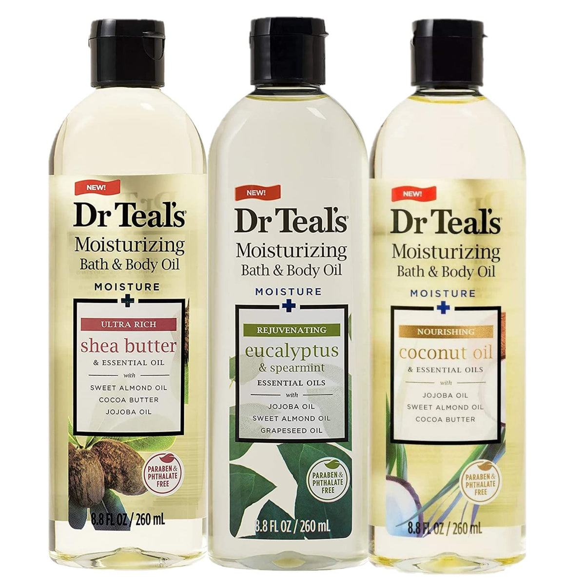 Dr Teal's rejuvenating eucalyptus bath oil bottle with a hydrating sheen.