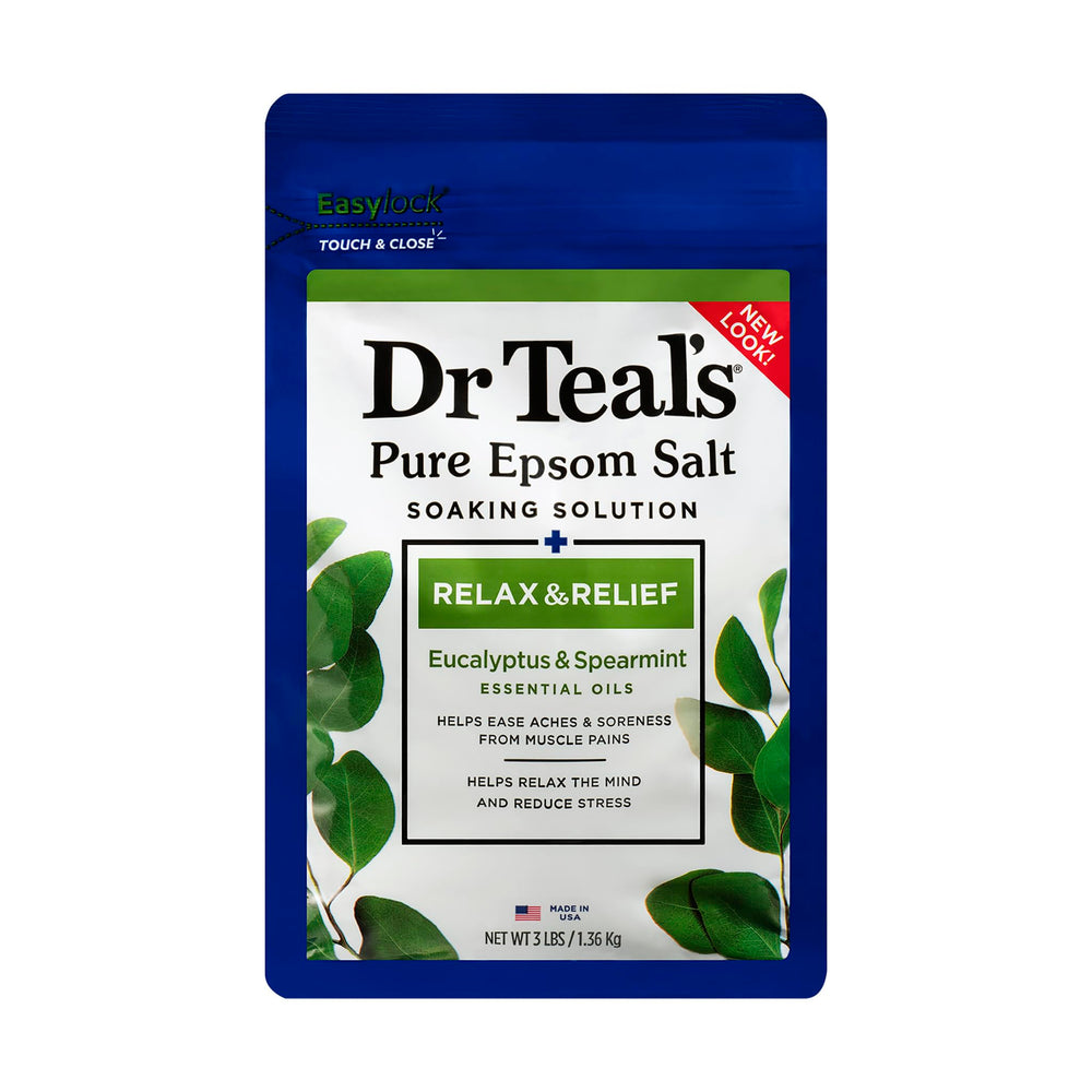 Dr Teal's Relax & Relief bottle beside a warm bath for unwinding