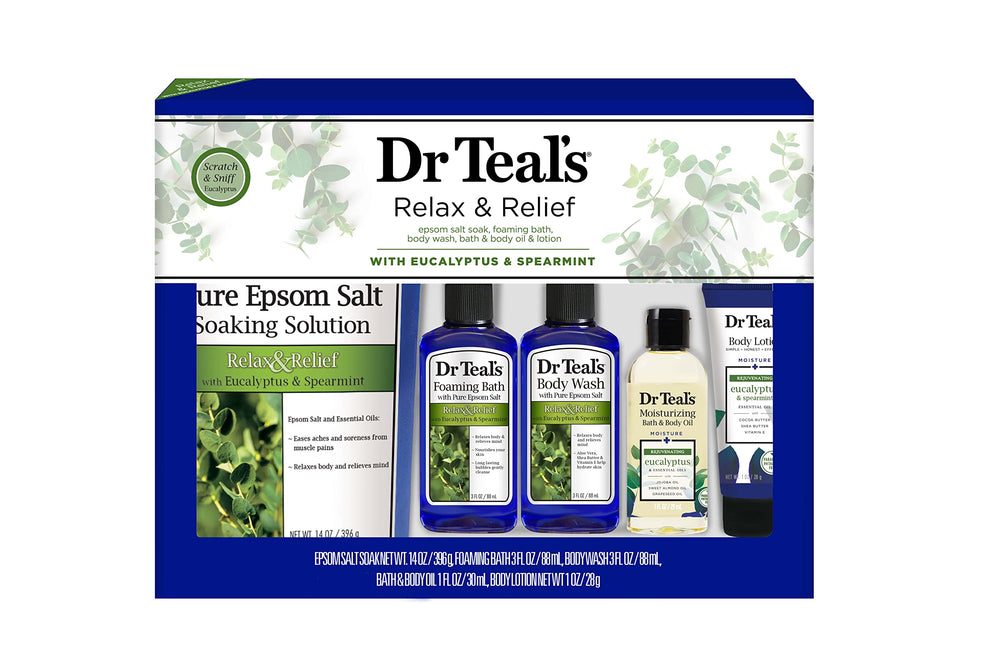Dr Teal's Relax and Relief gift set with eucalyptus and spearmint soothes muscles and nourishes skin.