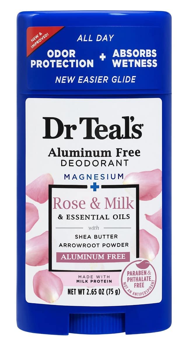 Dr Teals Rose & Milk deodorant bottle – 2.65oz, moisturizing blend for smoother skin.