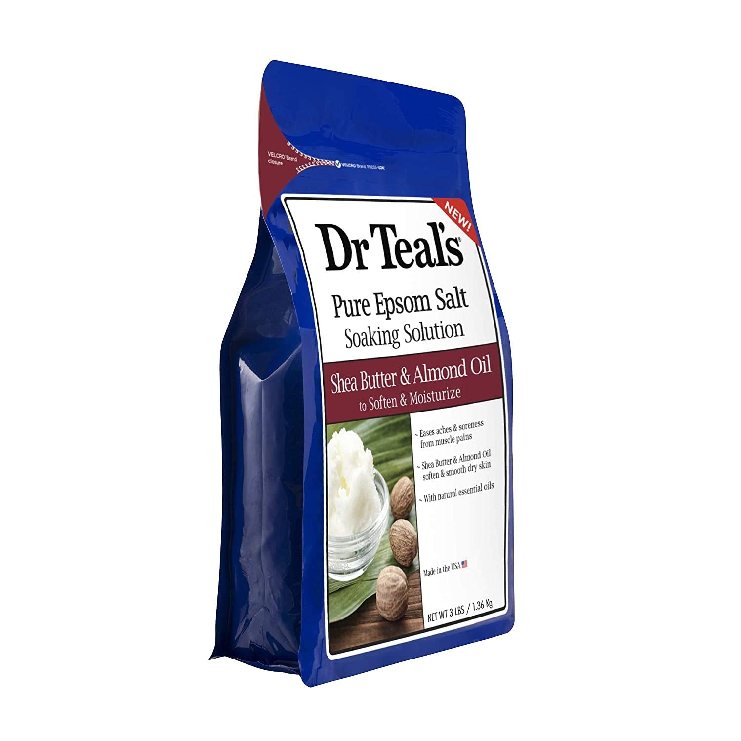 Dr Teal's Shea Butter & Almond Oil close-up shows a nourishing formula for skin care.