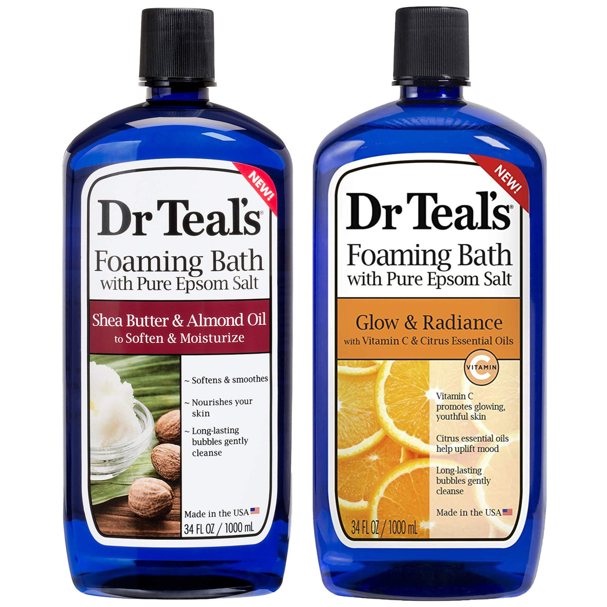 Dr Teal's Shea Butter & Almond Oil foaming bath bottle promotes softer, smoother skin