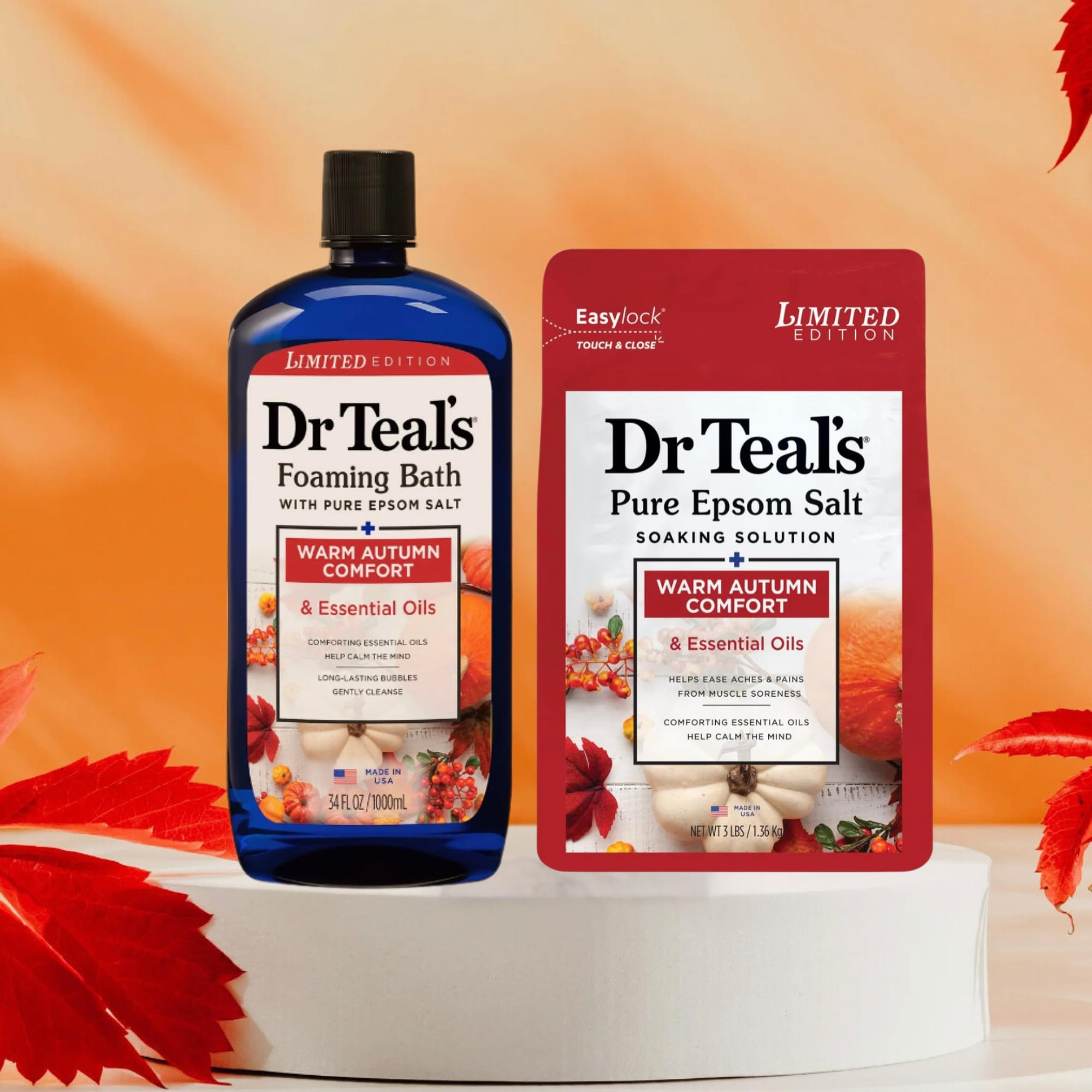 Cozy bath scene featuring Dr Teal's Warm Autumn Comfort products.