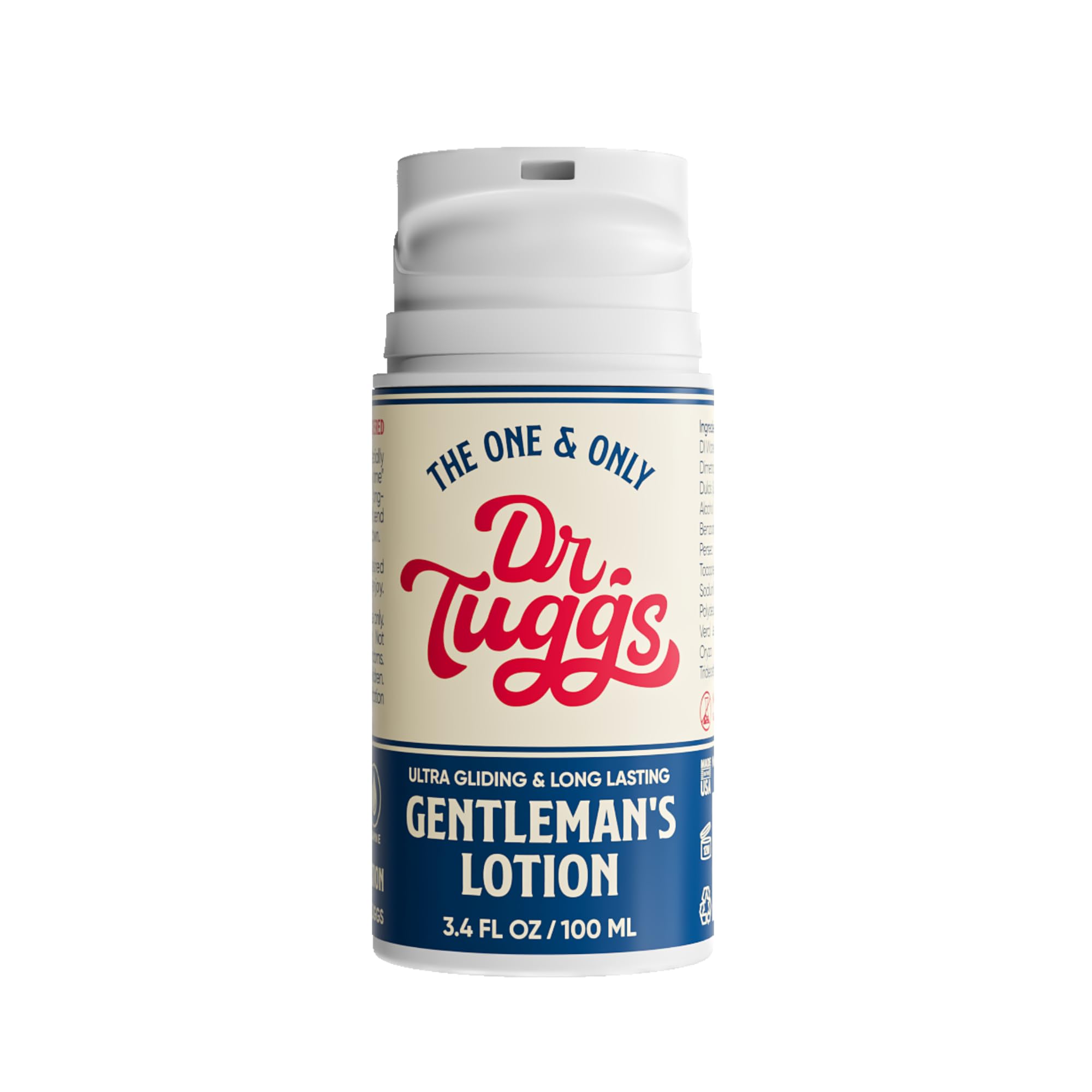 Dr. Tuggs Gentleman’s Lotion bottle pour demonstrates long-lasting glide for solo use.