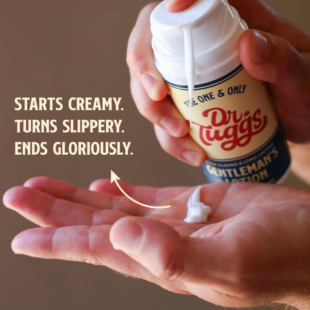 Dr. Tuggs Gentleman’s Lotion hand application shows smooth spread for comfortable routine.