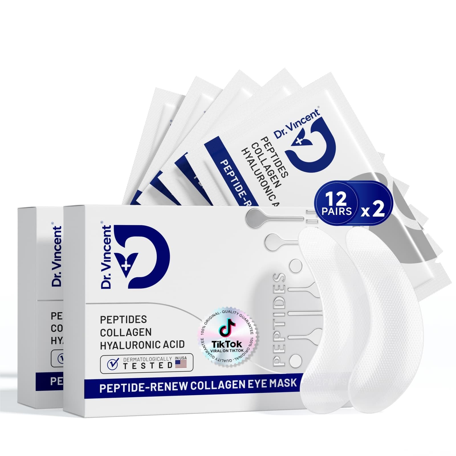 Dr Vincent peptide under-eye patches packaging close-up showcases vegan, premium eye care.