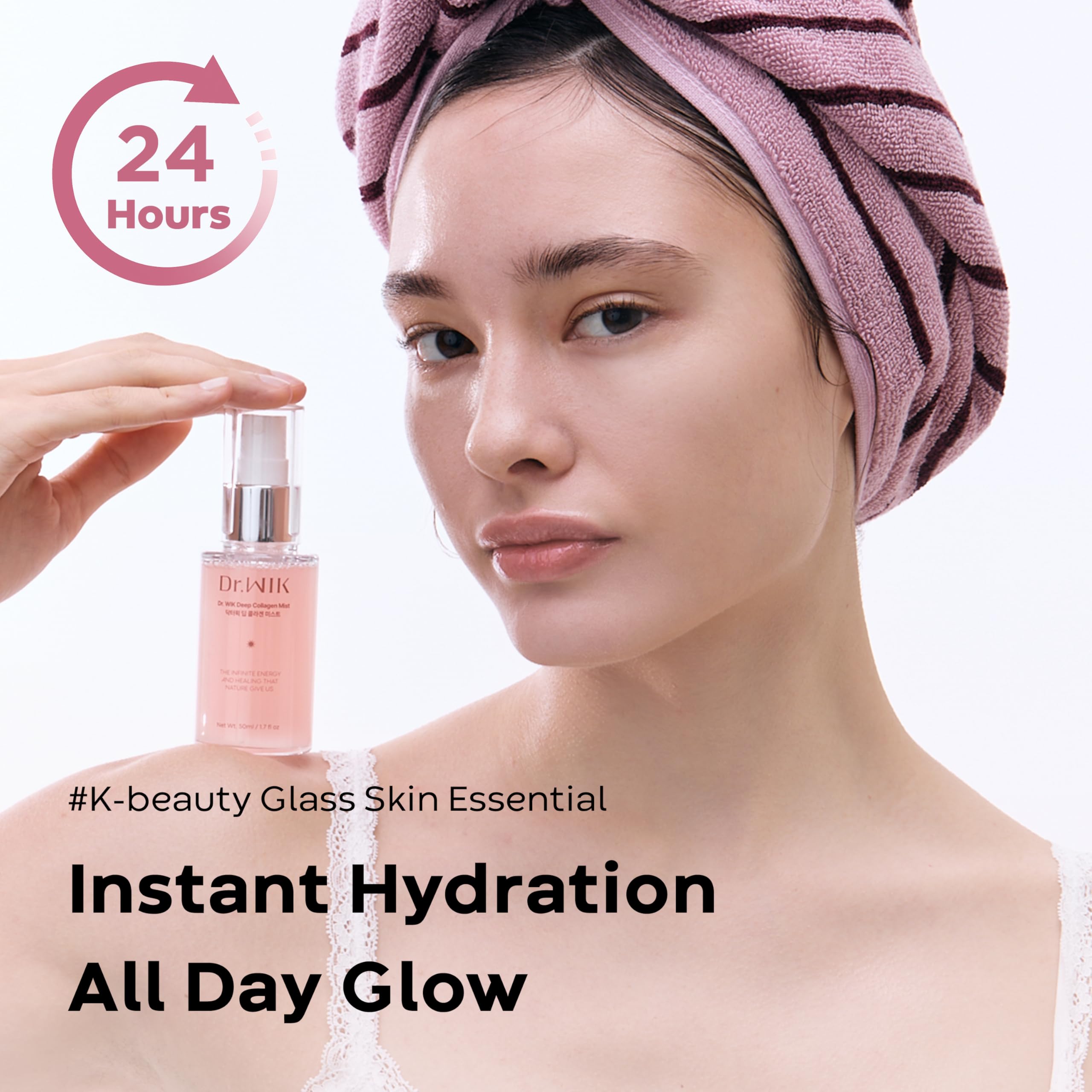 DR. WIK Deep Collagen Hydrating Face Mist atomizer delivering ultra-fine mist for instant refresh.