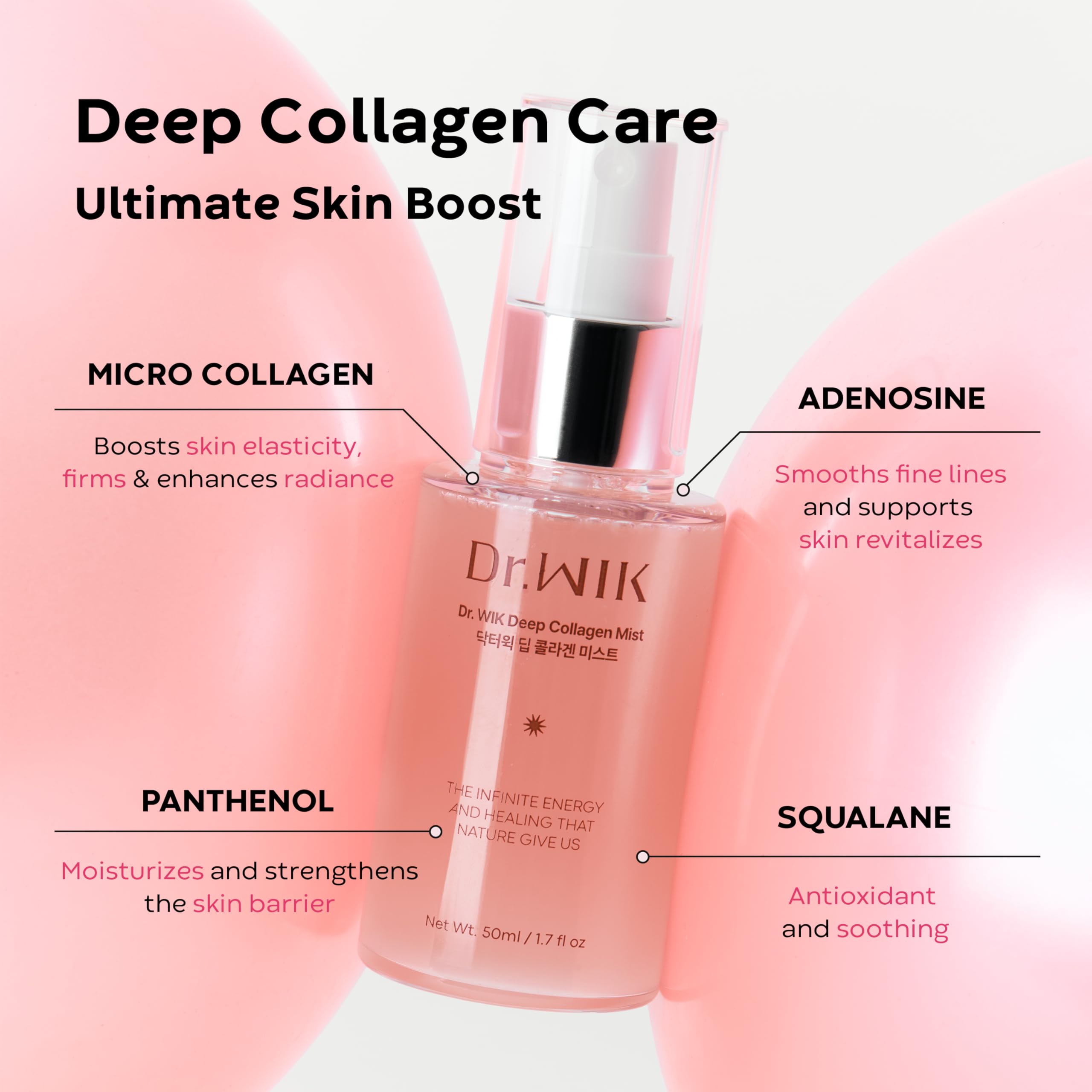 DR. WIK Deep Collagen Hydrating Face Mist applied on skin for quick refresh and hydration.