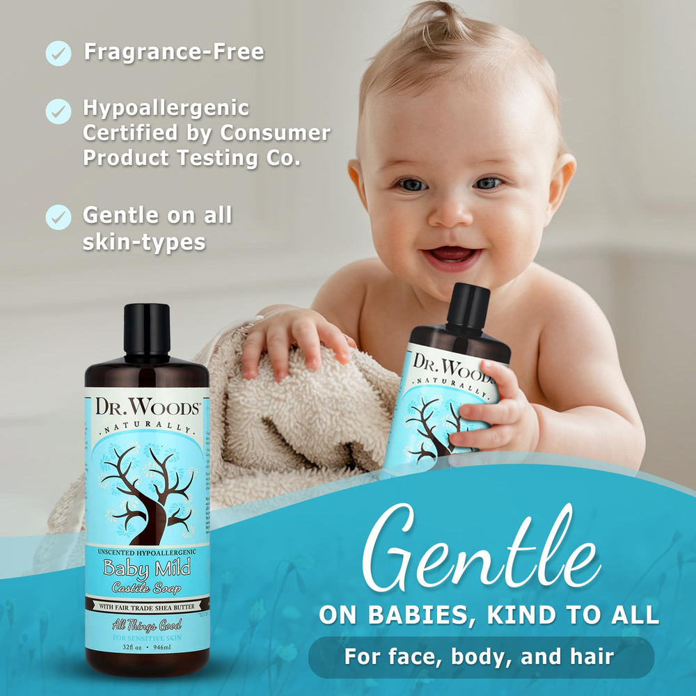 Dr. Woods Baby Mild Castile Soap lather for face, body, and hair, gentle cleansing.