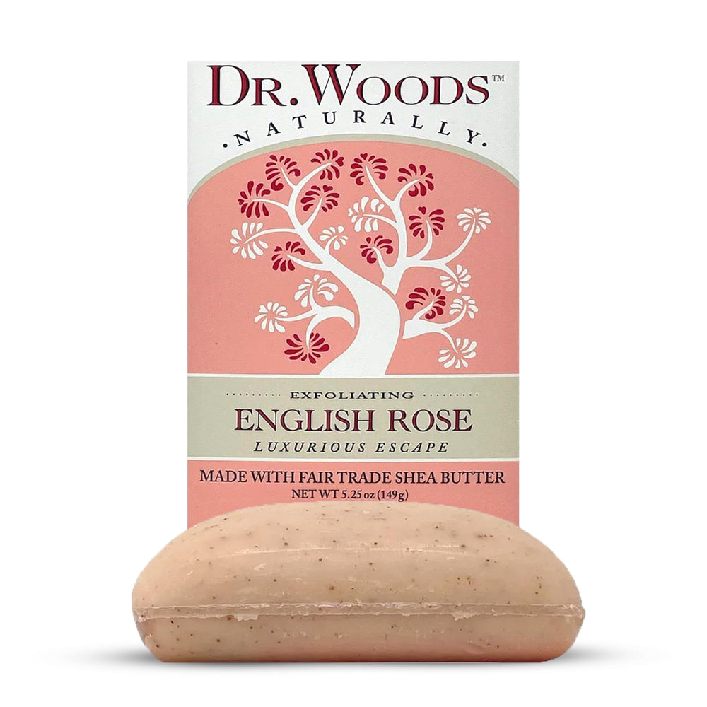 Dr. Woods English Rose bar soap highlights a gentle exfoliating action for smoother skin.