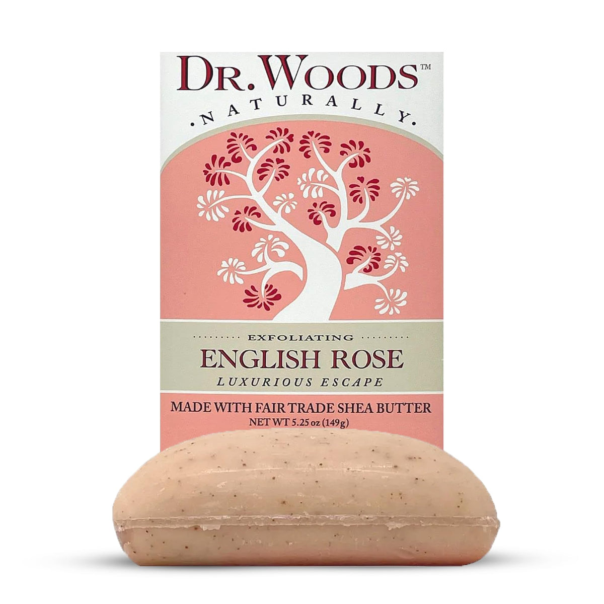 Dr. Woods English Rose bar soap highlights a gentle exfoliating action for smoother skin.