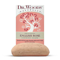 Dr. Woods English Rose bar soap highlights a gentle exfoliating action for smoother skin.