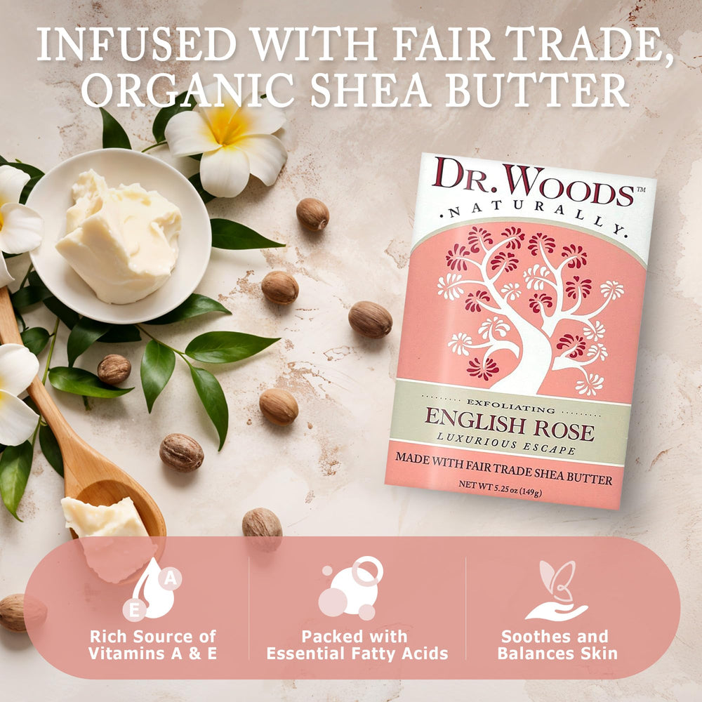 Dr. Woods English Rose soap releases a soothing rose aroma during use.