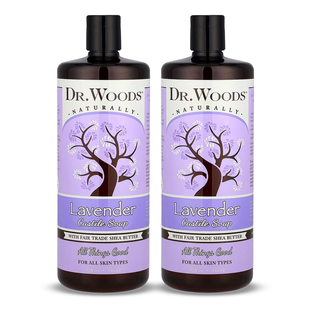 Dr. Woods Lavender Castile Soap bottle for soothing, hydrating cleanse.