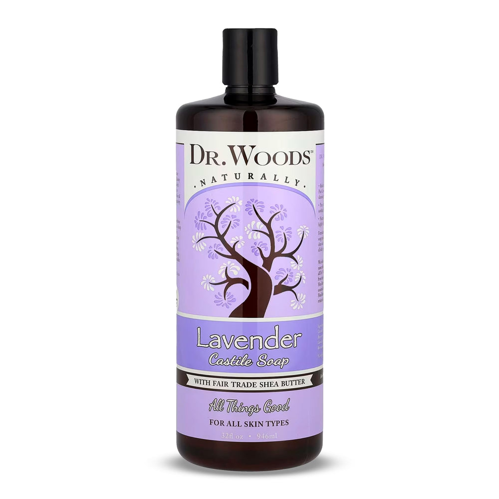 Dr. Woods Lavender Castile Soap bottle with calming lavender for gentle cleansing.
